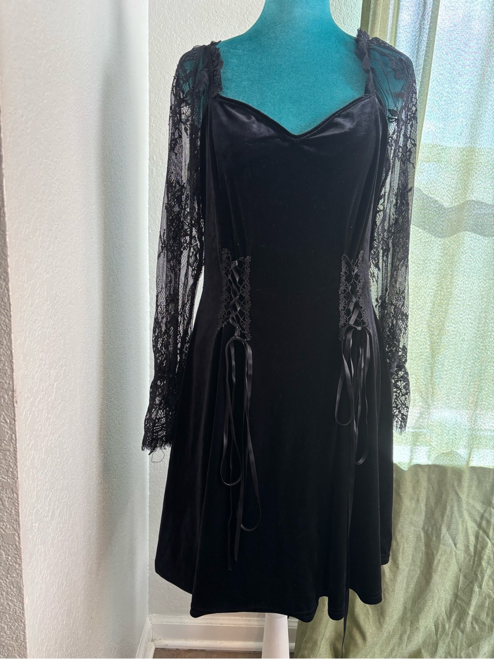 Whimsigoth Velvet Corset Dress  Lace Sleeve Witchy Goth Mini • L